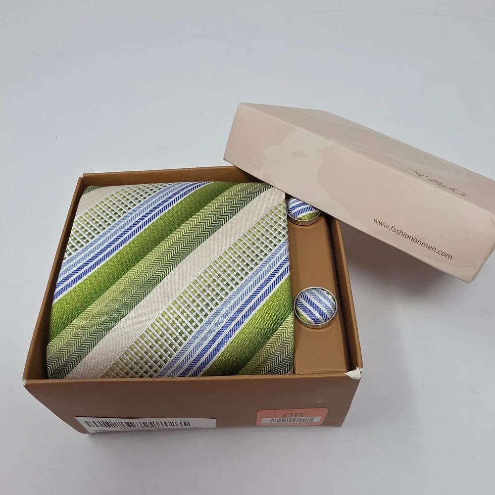 Y&G Tie Mens Green Striped Silk Pocket Scarf 8x8 & Cufflinks Set 58